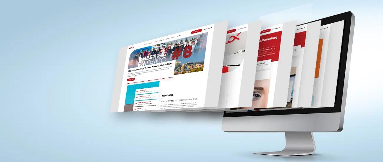 A mac computer show multiple pages protruding from the screen with VELOX website