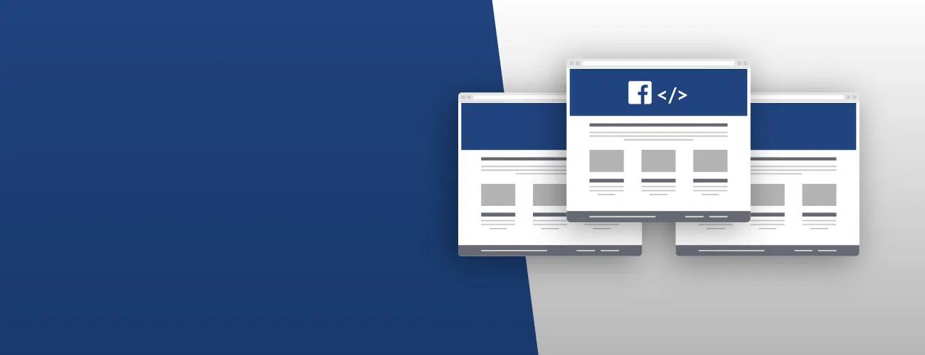 A blue and gray graphic with 3 screens displaying the Facebook logo and content blocks