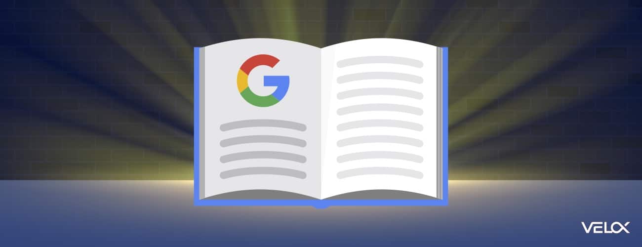 Large book with the Google "G" logo on the left hand side with lines denoting text. Behind the book is a yellow splash of light, highlighting the importance.