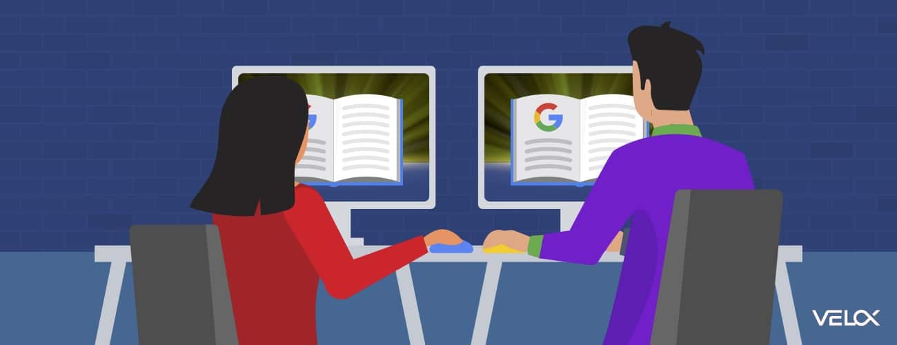 Two marketing professionals sit at a shared desk side by side facing individual computer screens. Displayed on the screens is a book with the Google "G" logo to represent the recent algorithm documents.