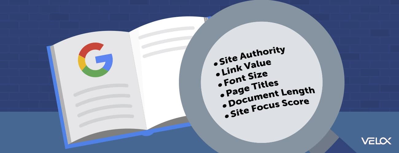 A large book with the Google "G" logo is examined with a magnifying glass. In the magnifying glass we see a bulleted list of features, including Site Authority, Link Value, Font Size, Page Titles, Document Length, and Site Focus Score.