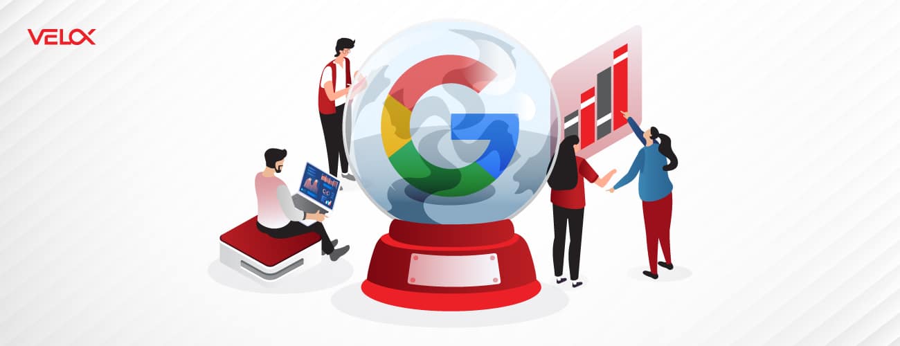 A group of digital marketing professionals gather around a large-sized crystal ball with the Google logo encased within. The professionals are studying this ball and understanding what the future holds.