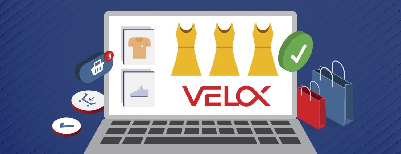 A laptop displays an e-commerce store selling dresses and sneakers. The VELOX Media logo is featured prominently on the screen. Outside the laptop are icons symbolizing a shopping cart, a shopping basket, and a check mark. To the right of the laptop are two shopping bags.