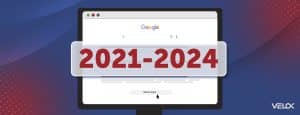 A computer displays shows Google search results with a banner overlayed with the text 2021-2024.