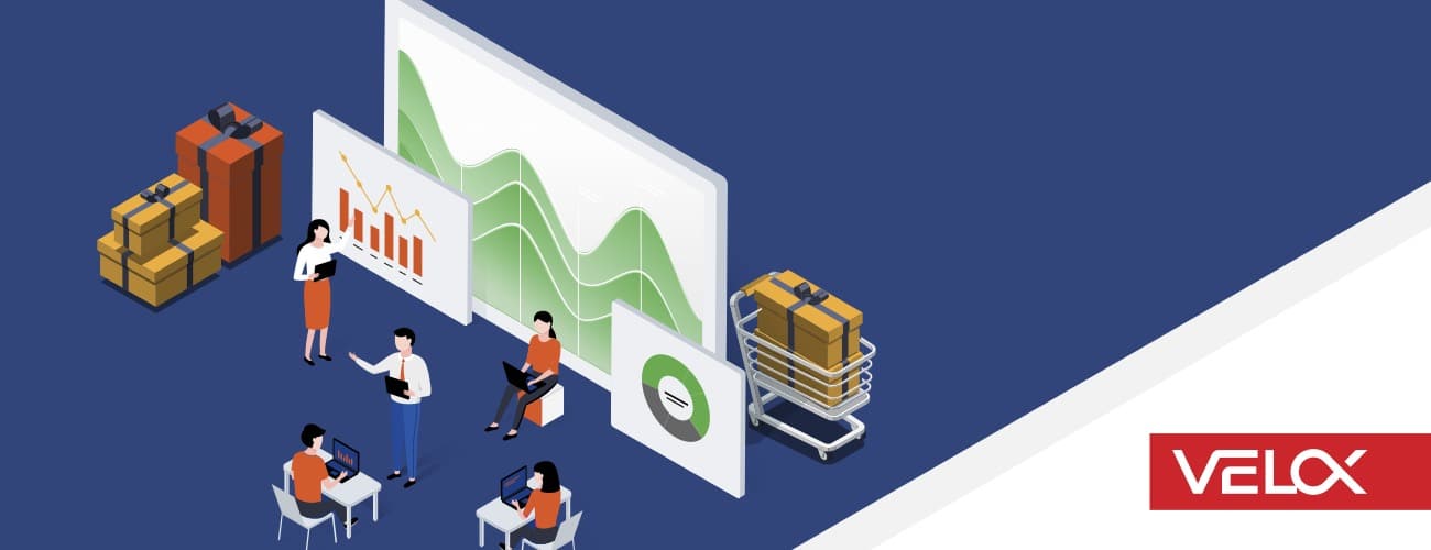 A group of marketers analyze charts displaying growth and keyword analytics data.