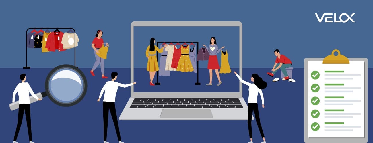 A group of digital marketers analyze an apparel e-commerce store. The store is displayed on a laptop with happy shoppers looking at dresses. There is a large checklist to the right with green check marks.