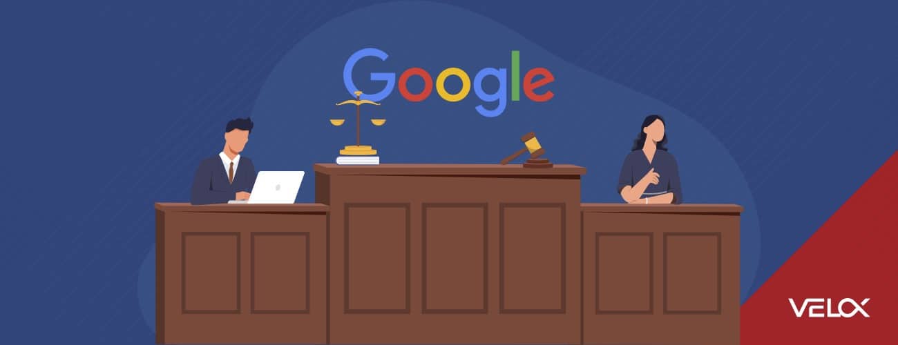 A courtroom scene is depicted with the judge's bench and two stands to either side. The Google logo floats above the judge's seat to symbolize that Google judges a site based on duplicate content SEO problems.