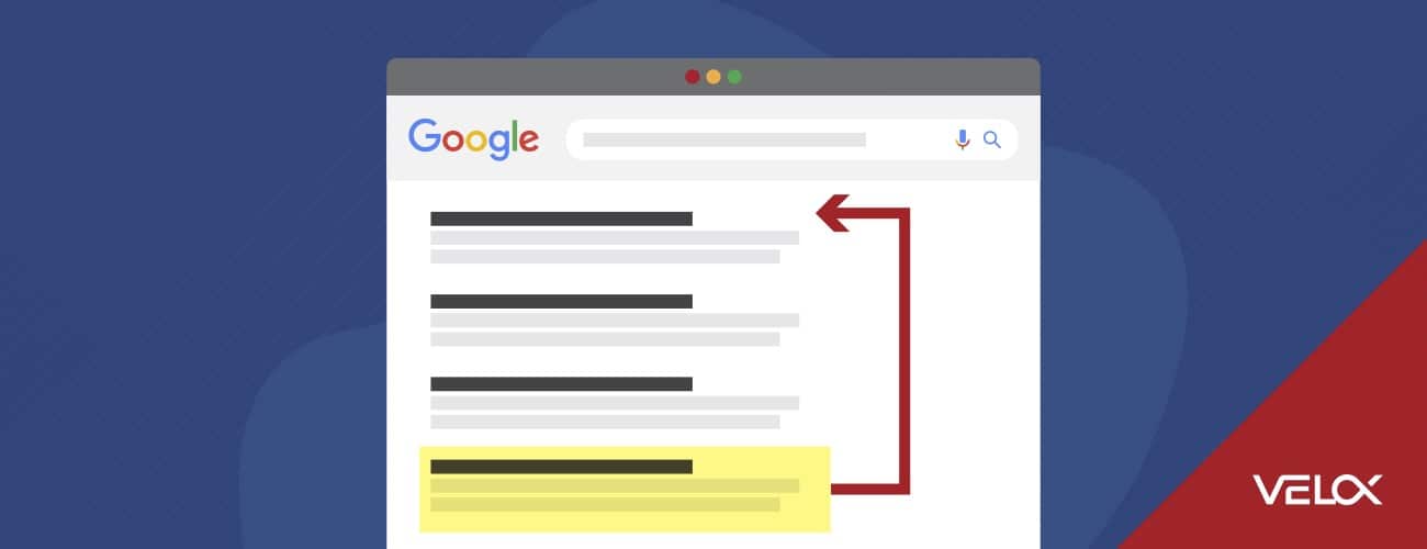 A Google Search results page is shown with four links. The result in position four is highlighted in yellow with an arrow pointing up to the first position to symbolize the potential for the result to move up on the page.