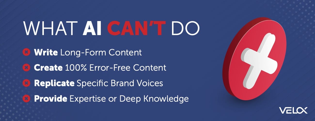 The drawbacks of using AI to create content are described in a graphic format. AI can't write long-form content, create 100% error-free content, replicate specific brand voices, or provide expertise or deep knowledge.